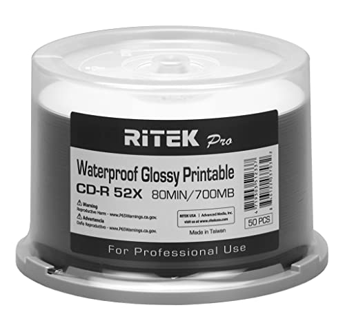 500 Pack Ritek Pro Cd-R 52X 700Mb 80Min Professional Grade Watershield Water Resistant Glossy White Inkjet Hub Printable Blank Recordable Disc #TOP5