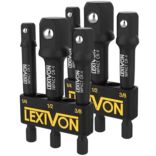LEXIVON juego de adaptadores de broca (6,35 9,5 12,7 mm) makita, milwaukee, bosch tool set, apto para llave dinamométrica, porta brocas, llave de vaso, carraca (2x 3 piezas 7,5cm) [LX-101X2]
