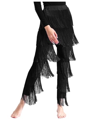 Nyeemya Pantalones De Baile Latino Traje De Rendimiento De Tango Cha-Cha Pants Cintura Elástica Pantalones con Flecos Escalonados Negro S