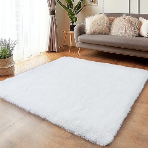 White Fluffy Rugs for Living Room 3x5 ft - Ultra Soft Faux Fur Area Rug - Plush Non-Slip Shaggy Carpet for Bedroom, Kids Boys Girls Dorm Nursery Room