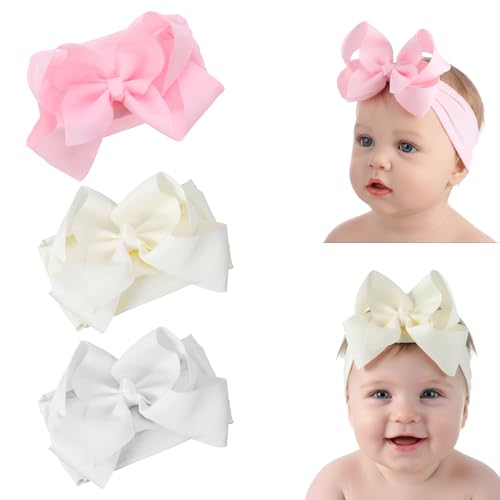 Image of Tucnoeu 3pcs Baby Girl Headbands with Bows - Soft Stretchy Newborn Bows for Girls, Infant Toddler Hair Accessories (White, Ivory, Pink)