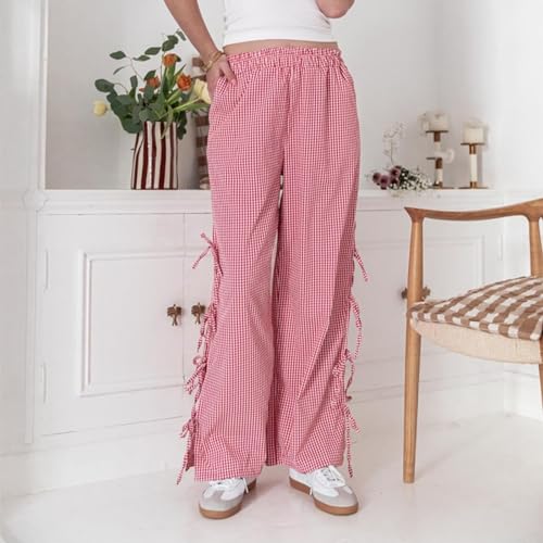 Image of Y2K Gingham Pants for Women Bow Tie Side Slit Wide Leg Lounge Bottom Plaid Checkered Loose Fit Going Out Pants