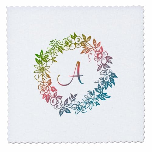 8x8 inch Quilt Square - Initial A- Circular Flower Motif in Softly Blended Green Pink and Blue Monograms-Flower Motif- Initial A