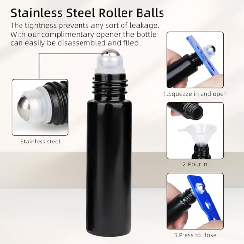 10ML Glass Essential Oil Roller Bottles,24 Pack black Oil Roller Bottles for Essential Oils, refillable rollerball bottle(24 Labels, Opener, Funnel, Dropper Included)4