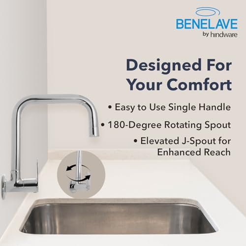Image of Benelave by Hindware Sink Tap with Raised J-Spout for Kitchen | Made of Brass | Mirror-Like Chrome Polish Finish | Better Reach | Wall Mount Installation | Volga Range | 7-Year Manufacturer Warranty