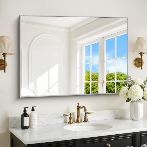 Image of DESBING 30 inch x 40 inch Bathroom Mirror, Silver Metal Frame Wall Mirror | HD Image,Shatterproof Decorative Rectangular Vanity Mirror for Bedroom Bathroom Living Room Entryway Horizontal or Vertical