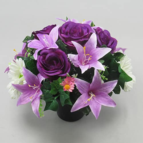 Artificial/Silk flower grave arrangement in grave pot with purple roses