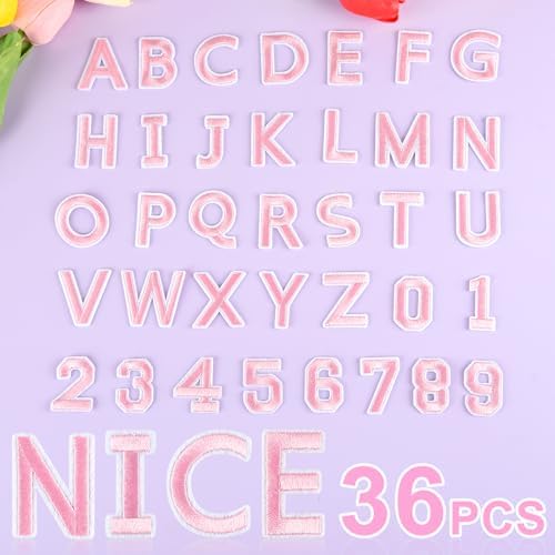 ASTARON 36 Pcs Iron on Letters and Numbers Patches, 1.5 Inch Alphabet Embroidered Patch A-Z, Numbers 0-9 Patches Alphabet Cloth Patch for Clothes, Socks, Jeans, Hat, DIY Accessories(Pink) - 1