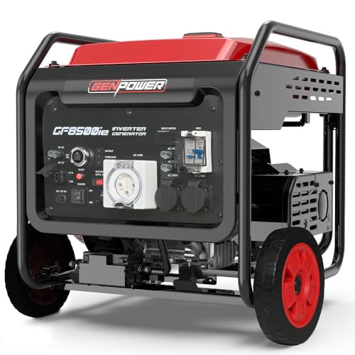 Genpower 8.5kW Peak 7.2kw Open Frame Inverter Generator, Push-Button Start, 2x15A, 1x32A, 20L Tank, Wheels, RCD, Portable, Backup