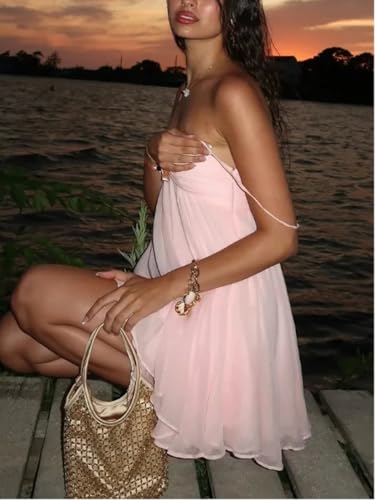 Women Chiffon Ruffles Sling Casual Sleeveless Backless U Neck Loose Mini Holiday Short Robes Dress2