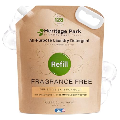 Image of Heritage Park All-Purpose Fragrance Free, Hypoallergenic, pH-Neutral Laundry Detergent - Dermatologist-tested, Sensitive Skin-Friendly, Stain-Fighting Enzymes, 3x Concentrated (64 fl oz Refill Pouch)