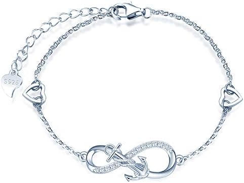 MicLee Woman's girl's Bracelet, 925 Sterling Silver bracelet, Anchor and infinity symbol bracelet, with mini hollow heart
