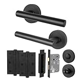 EAI Black Bathroom Door Handles with Lock Set, 1 Pair of Internal Matt T-Bar Round Rose Door Handles, Lock 64mm, Hinges 64mm - Oliena Range