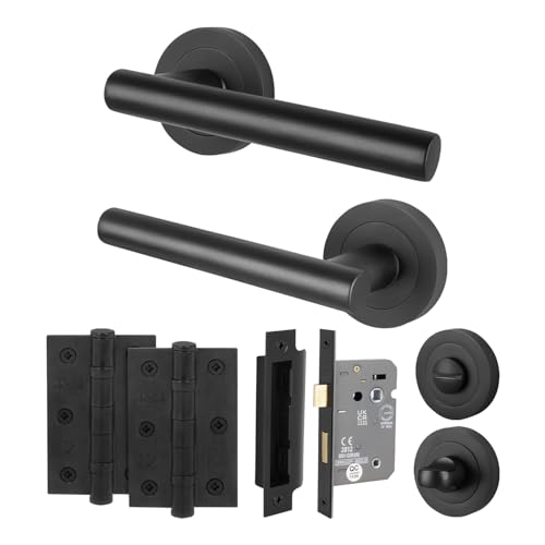 EAI Black Bathroom Door Handles with Lock Set, 1 Pair of Internal Matt T-Bar Round Rose Door Handles, Lock 80mm, Hinges 64mm - Oliena Range
