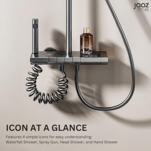 Image of Jaaz Thermostatic Piano Shower Set for Bathroom with Rainfall Showerhead, Waterfall Outlet, Hand Shower & Temperature Display - Matte Black (Lavish)