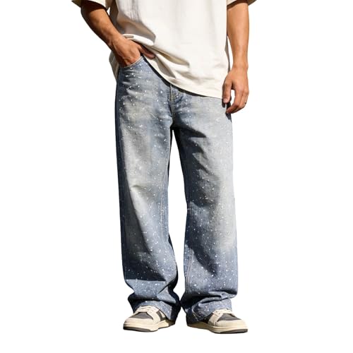 Duohropke Pantalones vaqueros brillantes para hombre con diamantes de imitación, holgados, brillantes, cintura alta, pierna recta, pantalones de ocio, Y2K Rhinestone, festivos, vaqueros, carnaval