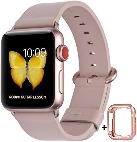 JSGJMY Compatible with Apple Watch Band 38mm 40mm 42mm 44mm Women Men Genuine Leather Replacement Strap for iWatch Series 5 4 3 2 1 (Soft Pink with Series 5/4/3 Rose Gold Clasp, 42mm/44mm M/L)