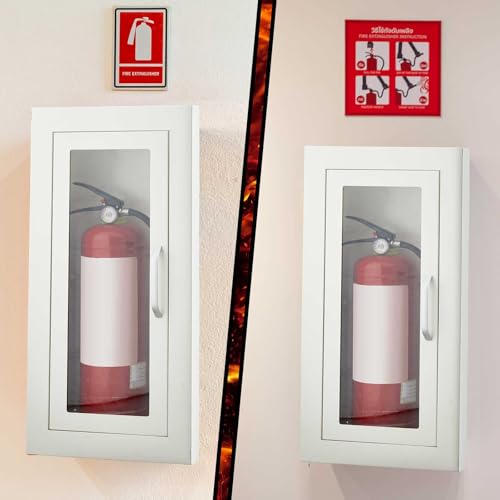Image of Zonon 2 Pcs Semi Recessed Fire Extinguisher Cabinet Box Steel Recessed Wall Cabinet, Magnetic Door with Handle, Acrylic Window, 2.5 Inch Trim, for 2.5 /5 /10 lb Dry Chemical Fire Extinguisher (White)