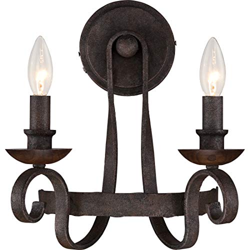 Image of Quoizel Noble 14 inch Traditional Wall Sconce, Rustic Black | 2-Light, Solid Wood Accents, Old World European Style, E12 Bulb
