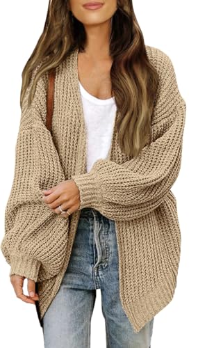 Women's Lantern Long Sleeve Chunky Cardigan Sweaters Open Front Cable Knit Outerwear Fall Outfits with Pockets (Light Khaki,XX-Large)