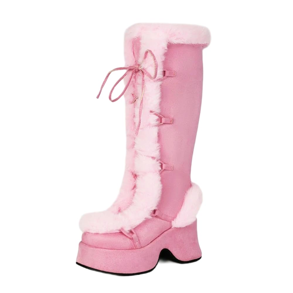 JJDFW Fluffy Warm Winter Long Boots For Women Snow Boot Faux Fur Lace-up Thick Platform Female Cosplay Christmas Shoes