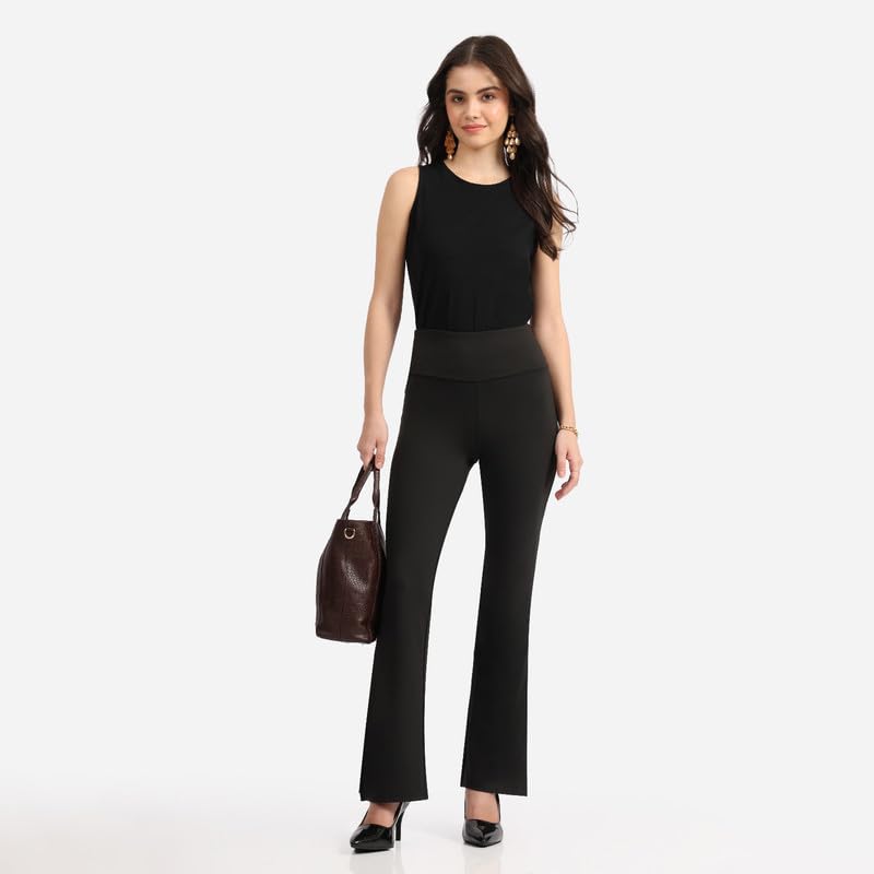 Image of BlissClub Women's Comfort Fit Mid Rise Ultimate Slit Flare Pants - Lite Tall |Above 5'5 | Stylish Slits | Stretchy | Comfortable | Back Pocket