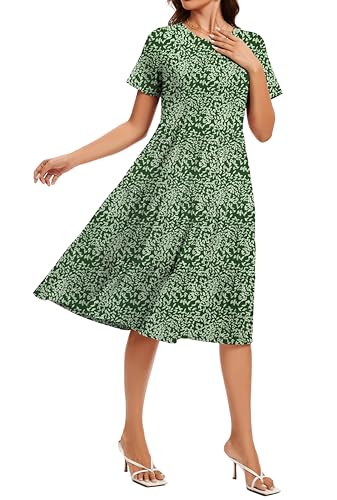 Image of Womens Summer Short Sleeve Crew Neck Midi Dress 2026 Casual Fit Flowy Tiered Beach Vacation Sundress with Pockets