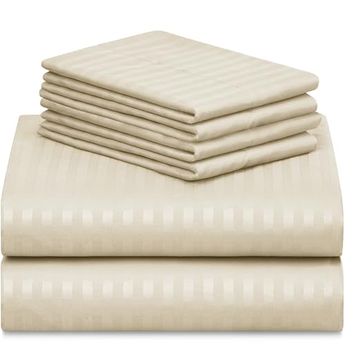 Image of LuxClub 4 PC Cal King Size Sheet Set Bed Sheets, Breathable Luxury Sheets, Deep Pockets 18 inch Wrinkle Free Cooling Machine Washable Hotel Bedding (Cal King, Striped Cream)