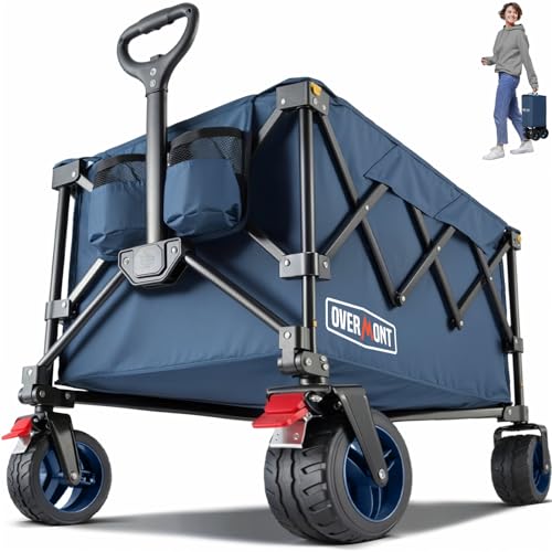 Overmont Folding Festival Trolley - 330LBS/150kg Large Capacity Camping Wagon for Beach Garden Picnic Shopping, Heavy Duty Cart with Adjustable Handle & All-Terrain Wheels and Brake, Blue