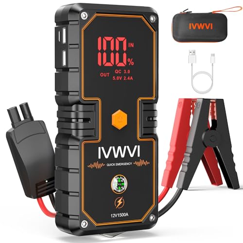 Upgraded Car Battery Jump Starter, 1500A Peak Portable Jump Starter with Dual USB Quick Charge and DC Output,12V Pack and Jumper Cables for 7.0L Gasoline and 5.5L Diesel Engines, LED Light/Compass