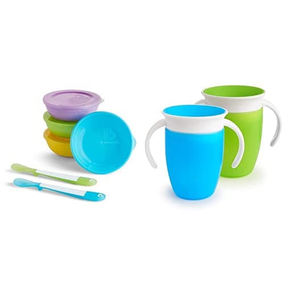 MunchkinFood Storage Container 4 x baby bowls with Lids + 2 weaning Spoons & Miracle 360 Sippy Cup, Ideal Sippy, Water and Weaning Cup 6+ to 12 Months, 7 oz/207 ml, 2 Pack, Green & Blue