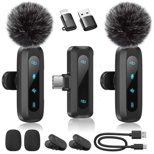 【2026新型ピンマイク】ピンマイク ワイヤレス iPhone/iPad/PC/Android対応 2人同時使用 瞬時接続 LED指示灯搭載 ノイズ軽減 音画同期・自動ペアリング・静音・リバーブ機能・即插即用 7時間連続使用 360°集音 360°回転可能 クリップ式 超ミニマイク Vlog撮影/動画配信/生放送/ASMR/TikTok用 USB変換器+防風毛ヘッド2個付きの商品画像（Amazon）
