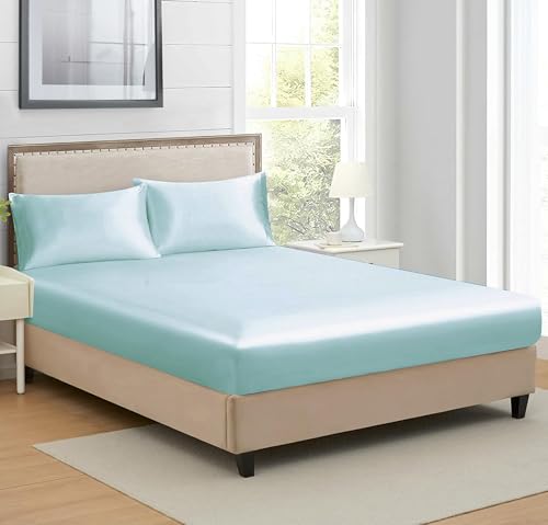 Image of RD TREND Microfiber Satin Weave Fitted Bedsheet for Double Bed King Size (78x72x10 Inch) with 2 Pillow Covers (18x28 Inch),400 TC Elastic All Around | Teal Grey