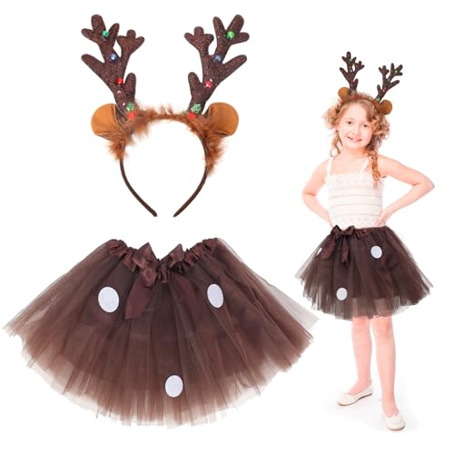 Fennoral 2 piezas de disfraces de renos Bebé Niña Set Animal Disfraz de Navidad para Niños Disfraz de Reno Disfraz de Reno - Tul Tutú - para Carnaval Halloween Cosplay Fiesta Regalo