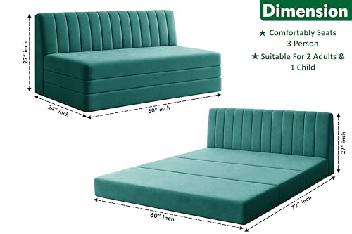 Image of 3-Seater Foldable Floor Sofa Bed with, Modern Velvet Fabric Folding Couch for Living Room, Guest Room & Small Spaces-Green