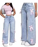 BeRamg Cute Jeans for Teen Girls Woman Bow Jeans High Waist Wide Leg Baggy Pants Casual Streetwear Clothes(Blue1-L)