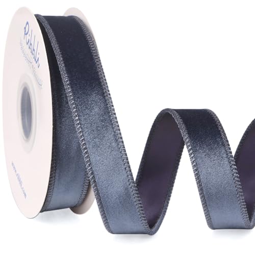 Ribbli Dusty Blue Velvet Wired Ribbon 1 Inch Velvet with Satin Christmas Ribbon for Gift Wrapping Christmas Tree Decoration Crafts Wreaths Supplies-Continuous 10 Yards