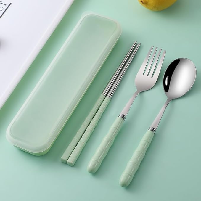 Image of Favria 3 Piece Stainless Steel Spoon,Fork and Chopstick Portable Travel Spoon Box Anti Slip Cutlery Set for Office Lunch Box,Travel, School,Picnics,Camping and Outdoor Home Utensil Set (Green)