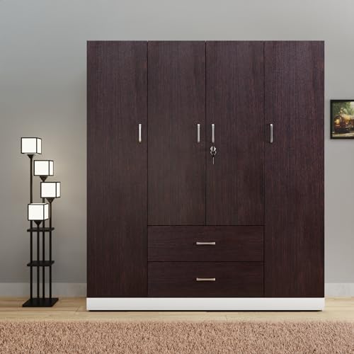 Image of VIKI Wardrobe | Wooden Almirah for Clothes,Door for Bedroom, 4 Door Wardrobe with Drawer & Hanging Space (White & Wenge - 40D x 160W x 180H) | 1 Year Warranty| Free Assembly