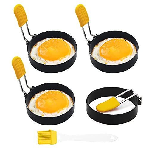 DEXIFUXI Eierring, runde Eierring-Set zum Braten oder Formen von Eiern, Edelstahl, antihaftbeschichtet, Metall, rund, Frühstück, Haushaltsform, Kochen, 4 Stück mit Ölpinsel Cover