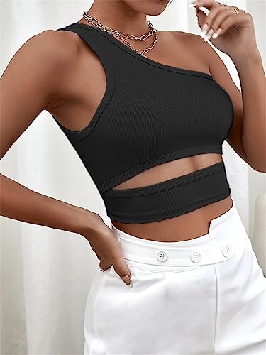 Dninmim Women Knit Tank Top Solid One Shoulder Ribbed Black Vest Slim Short Sleeveless Y2K Camisole2