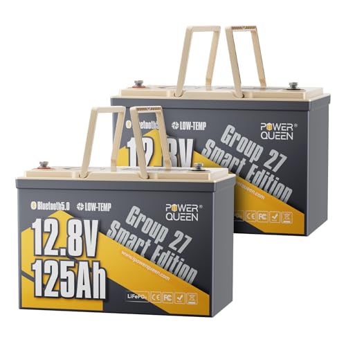 Image of Power Queen Lithium Battery 12V 125Ah, Bluetooth Group 27 LiFePO4 Battery with Low-Temp Protection, 1600Wh Energy Max. 15000 Cycles for RV, Solar System, Trolling Motor