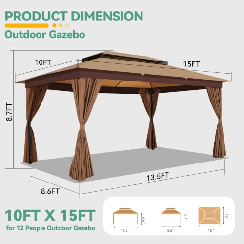Image of COBIZI 10x15 Outdoor Patio Gazebo with Privacy Curtains, Khaki | Soft Top Gazebo Double Roof, Dual Ceiling Hooks, Privacy Curtains, Heavy-Duty Steel Frame Canopy for Backyard, Deck & Garden