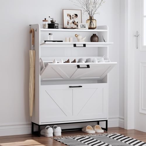 DSNAPE Shoe Storage Cabinet with 3 Flip Drawers, Narrow Wooden Shoe Cabinet with Adjustable Shelves, for Hallway Enterway and Living Room (White 80W x 24D x 114H cm)