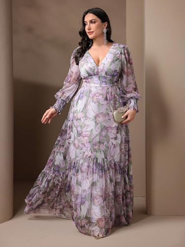 Image of Spring Summer 2024 Plus Size Womens Dresses V Neck Casual Elegant Long Sleeve Floral Print Maxi Dress