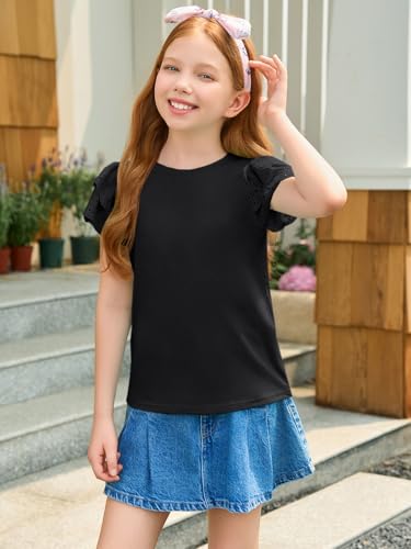 Image of Haloumoning Girls Ruffle Sleeve T Shirts Summer Short Sleeve Casual Cute Crewneck Tops Tees 5-14 Years