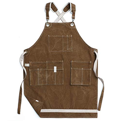 Jeanerlor Washed Shop Apron 12oz Water-Resistant Work Aprons for Men Heavy Duty Waxed Canvas Tool Apron with Pockets Thick shoulder pad, Cross-Back Straps Adjustable L to XXXL (Coffee)