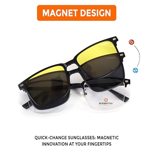 Image of HASHTAG EYEWEAR Women Spectacle Frame & Magnetic Lens |3 in 1 Clip on Magnetic Polarized Lens with Metal Frame|Non-Spring Hinges |Trendy & Stylish Attachment Goggles for Female- Frame Colour - Black