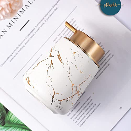 Image of Luxury Ceramic Soap Dispenser (Luxe White) - 400ml Wide Modern Refillable Lotion Shampoo Handwash Bottle Matte White with Gold Marbling Premium Countertop Accessory for Bathroom, Kitchen & Wash Basin