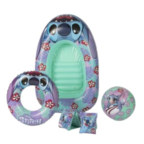 Disney Stitch Ensemble de Natation Gonflable avec brassards, bouée, Ballon de Plage et Bateau Gonflable